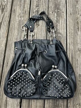 Vintage Y2K Studded Heart Black Leather Betsy Johnson Bag